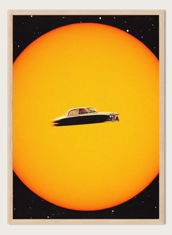 UFO-like vintage car on a yellow background. Space Chase by Taudalpoi surreal retro car in space art print with giant sun and vintage vehicle, cosmic collage sci fi poster wall art.