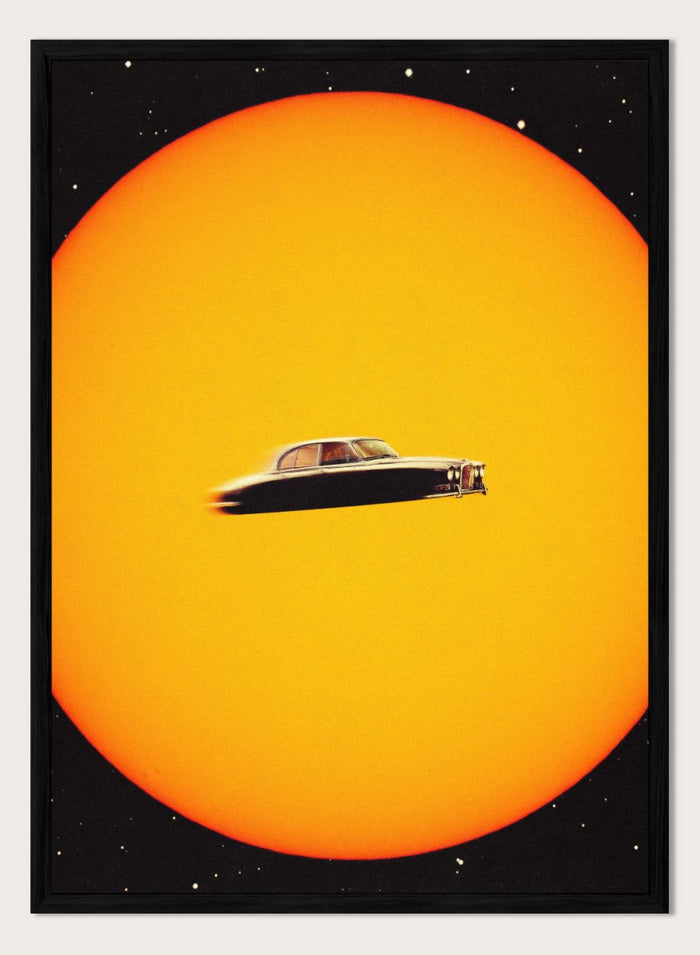 UFO-like vintage car on a yellow background. Space Chase by Taudalpoi surreal retro car in space art print with giant sun and vintage vehicle, cosmic collage sci fi poster wall art.