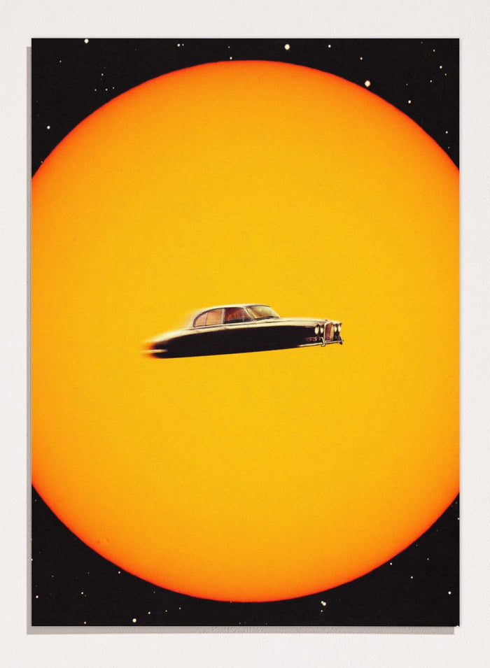 UFO-like vintage car on a yellow background. Space Chase by Taudalpoi surreal retro car in space art print with giant sun and vintage vehicle, cosmic collage sci fi poster wall art.