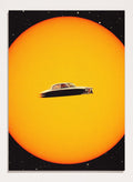 UFO-like vintage car on a yellow background. Space Chase by Taudalpoi surreal retro car in space art print with giant sun and vintage vehicle, cosmic collage sci fi poster wall art.