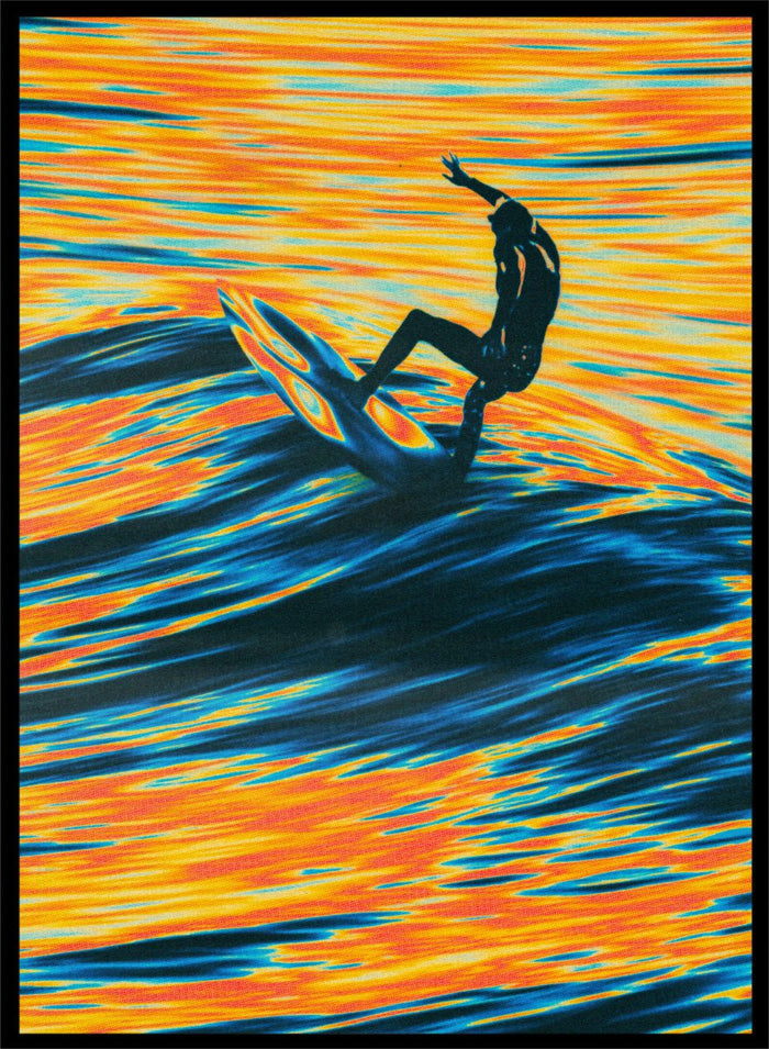 Artistic depiction of a surfer on a wave with vibrant orange and blue colors. Surf Trip by Taudalpoi surreal psychedelic surf art print with glowing ocean waves and lone surfer, retro cosmic collage poster wall art.