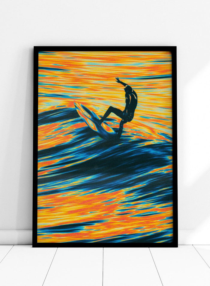 Artistic depiction of a surfer on a wave with vibrant orange and blue colors. Surf Trip by Taudalpoi surreal psychedelic surf art print with glowing ocean waves and lone surfer, retro cosmic collage poster wall art.