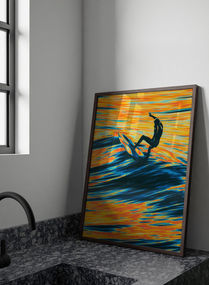 Artistic depiction of a surfer on a wave with vibrant orange and blue colors. Surf Trip by Taudalpoi surreal psychedelic surf art print with glowing ocean waves and lone surfer, retro cosmic collage poster wall art.