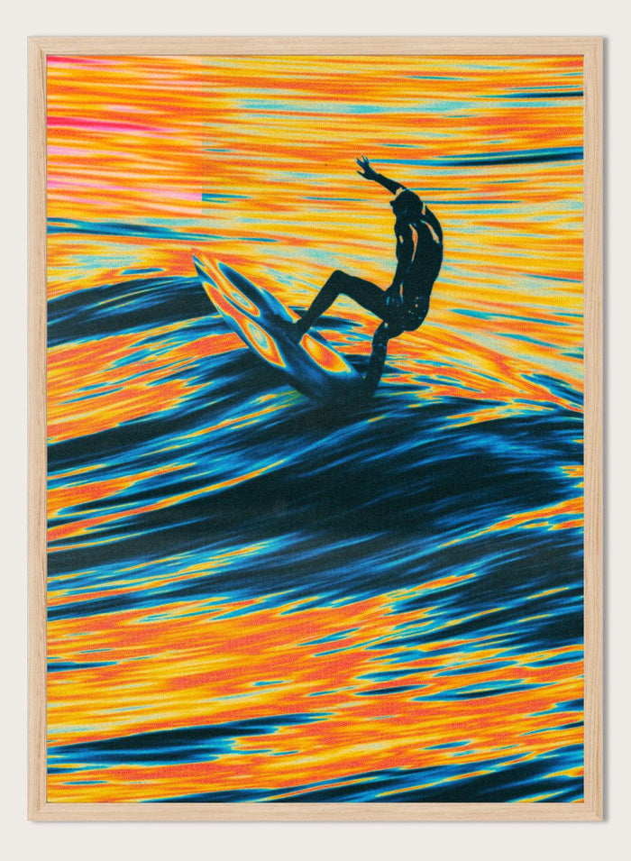 Artistic depiction of a surfer on a wave with vibrant orange and blue colors. Surf Trip by Taudalpoi surreal psychedelic surf art print with glowing ocean waves and lone surfer, retro cosmic collage poster wall art.