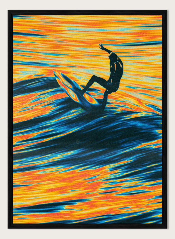 Artistic depiction of a surfer on a wave with vibrant orange and blue colors. Surf Trip by Taudalpoi surreal psychedelic surf art print with glowing ocean waves and lone surfer, retro cosmic collage poster wall art.