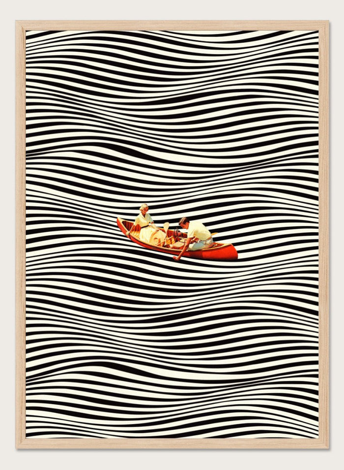 Two people in a red boat on a background of black and white wavy lines. The Real Boat Trip by Taudalpoi features a surreal boat illustration floating on black and white wavy lines. Retro collage art print with optical illusion design and optional framing.