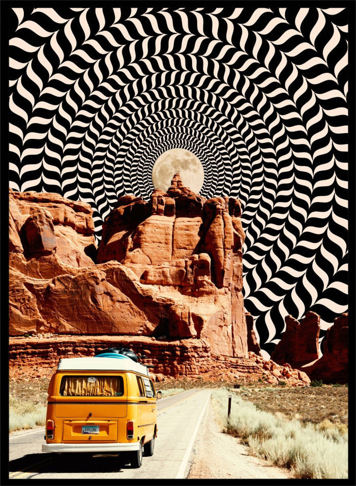 Van on a road with a surreal landscape and optical illusion pattern. The Real Road Trip by Taudalpoi surreal desert road trip art print with vintage van, red rock canyon and hypnotic cosmic sky, retro sci fi poster wall art.
