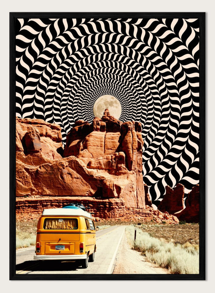 Van on a road with a surreal landscape and optical illusion pattern. The Real Road Trip by Taudalpoi surreal desert road trip art print with vintage van, red rock canyon and hypnotic cosmic sky, retro sci fi poster wall art.