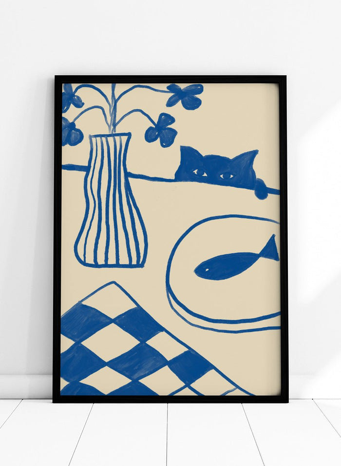 The Art Concept - Blue Cat And Fish Art Print_Sugar & Canvas_The Art Concept