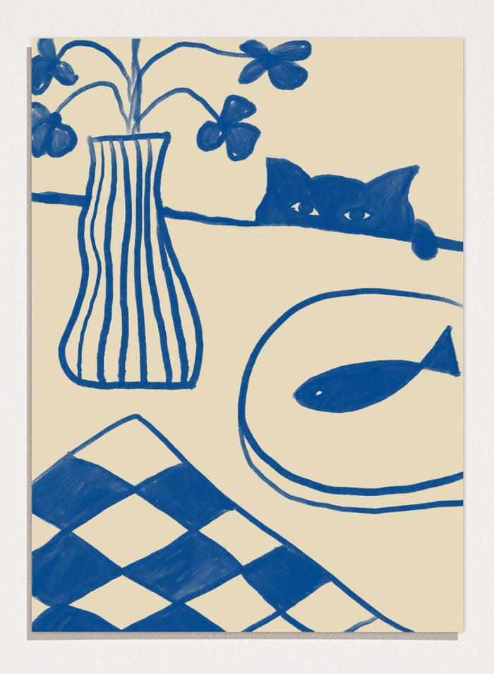 The Art Concept - Blue Cat And Fish Art Print_Sugar & Canvas_The Art Concept