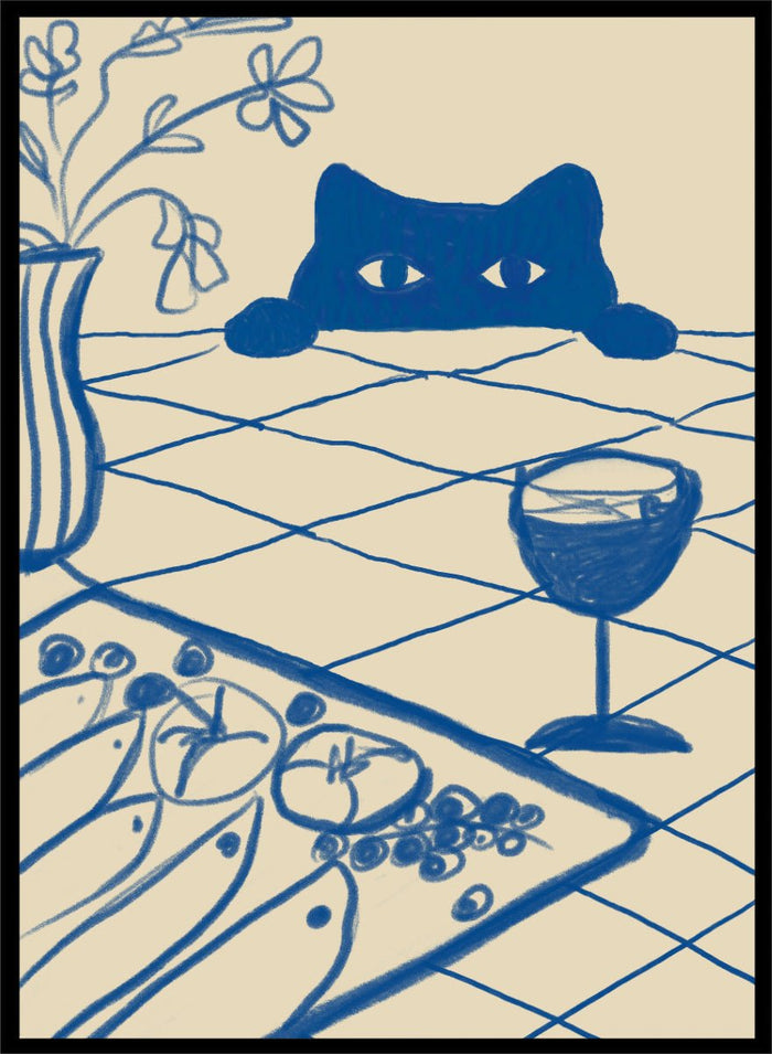The Art Concept - Curious Blue Cat Dinner Art Print_Sugar & Canvas_The Art Concept
