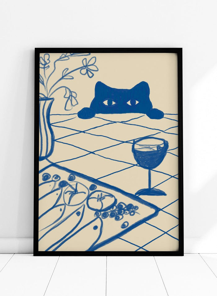 The Art Concept - Curious Blue Cat Dinner Art Print_Sugar & Canvas_The Art Concept