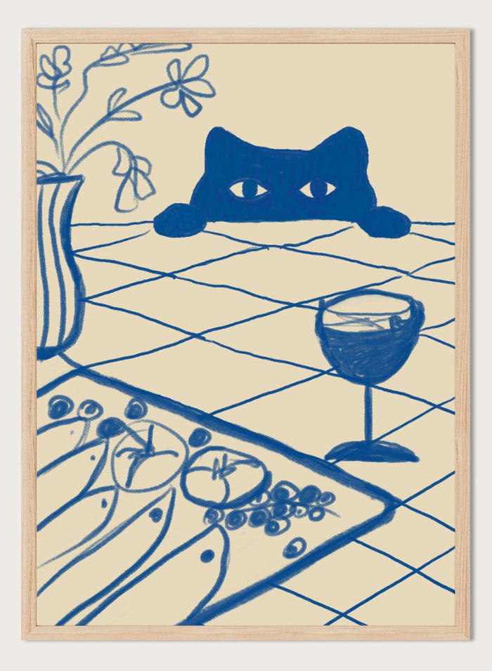 The Art Concept - Curious Blue Cat Dinner Art Print_Sugar & Canvas_The Art Concept