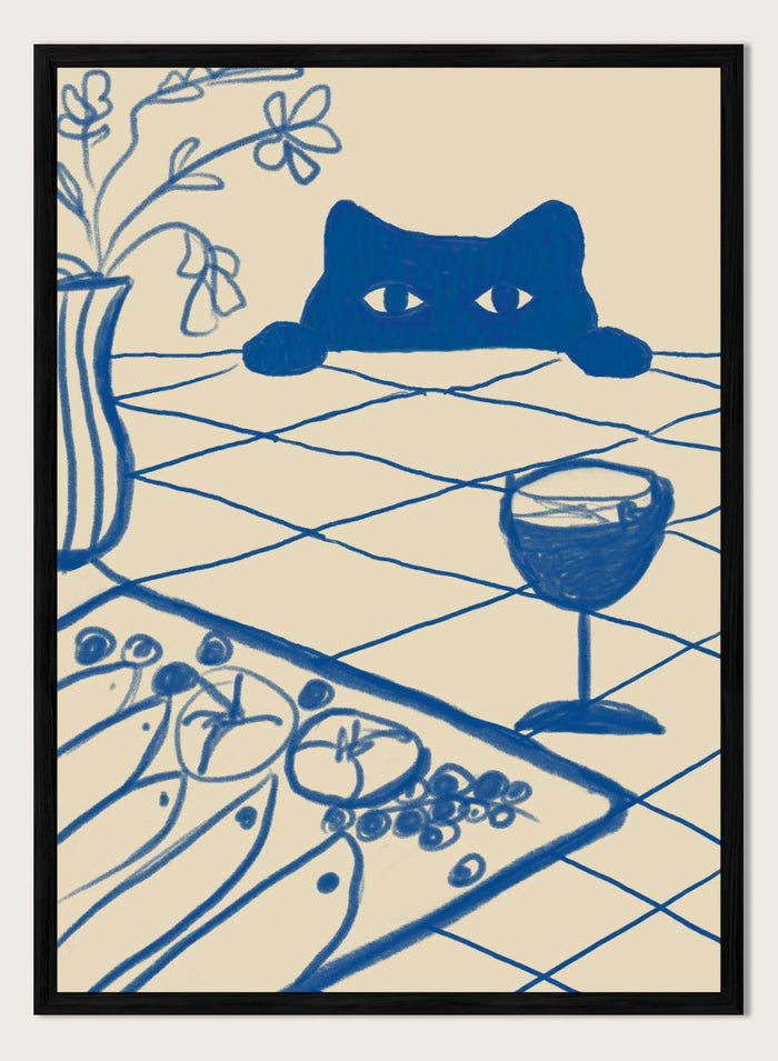 The Art Concept - Curious Blue Cat Dinner Art Print_Sugar & Canvas_The Art Concept
