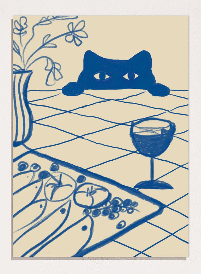 The Art Concept - Curious Blue Cat Dinner Art Print_Sugar & Canvas_The Art Concept
