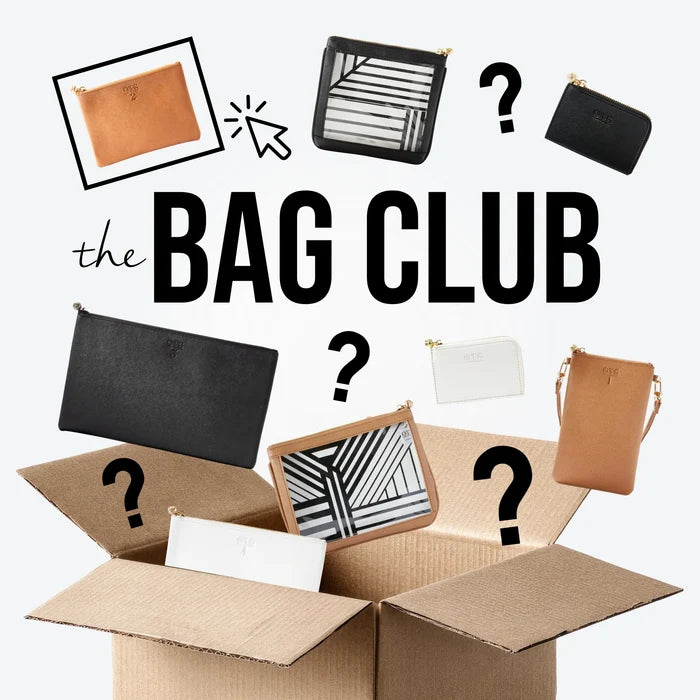 An open box of OTG|247 pouches in assorted colours and prints, with question marks for the surprise bags, under The Bag Club logo.