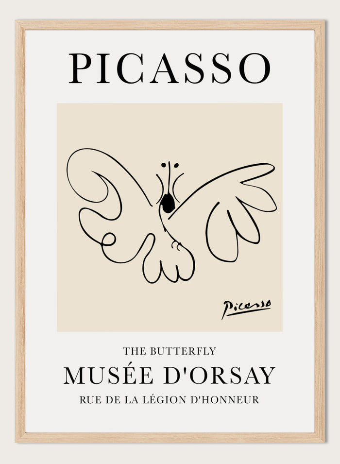 Featuring Pablo Picasso's Artwork The Butterfly (Esquisse D'un Papillon), this signed serigraph wall art print showcases outline of a butterfly sketch line drawing against colorful background. Featuring abstract one line lithograph art, this vintage exhibition poster from Musée d'Orsay is perfect for any boho, retro, minimalst space.