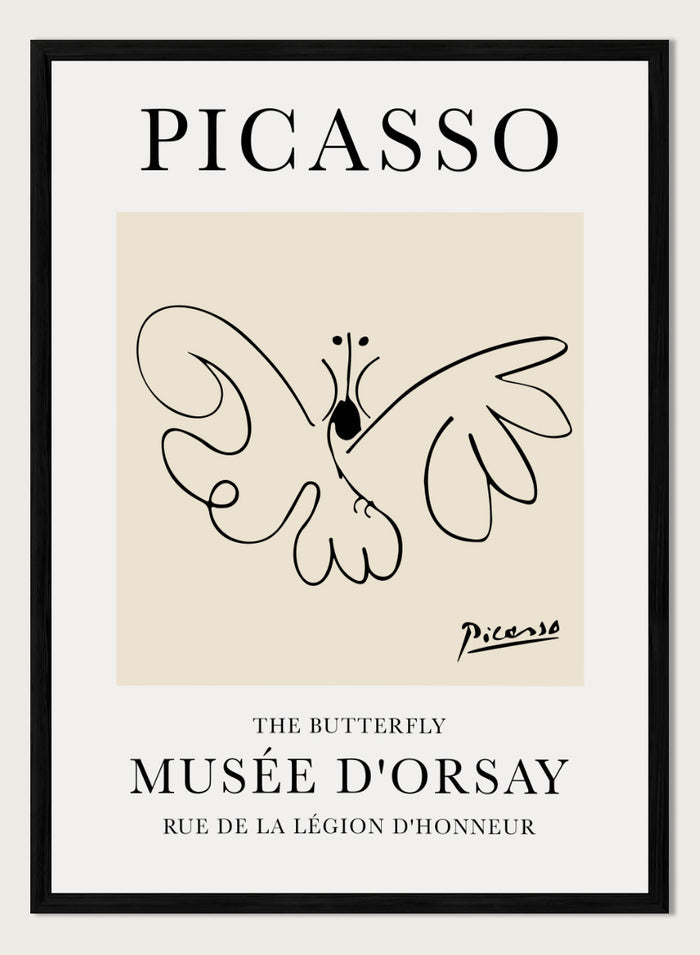Featuring Pablo Picasso's Artwork The Butterfly (Esquisse D'un Papillon), this signed serigraph wall art print showcases outline of a butterfly sketch line drawing against colorful background. Featuring abstract one line lithograph art, this vintage exhibition poster from Musée d'Orsay is perfect for any boho, retro, minimalst space.