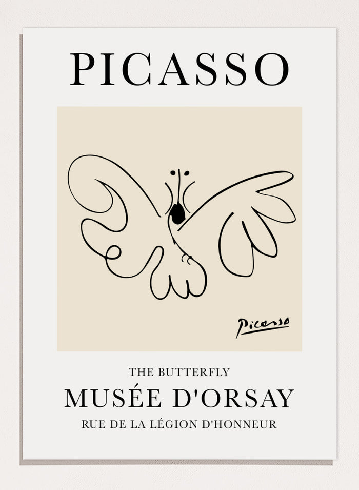 Featuring Pablo Picasso's Artwork The Butterfly (Esquisse D'un Papillon), this signed serigraph wall art print showcases outline of a butterfly sketch line drawing against colorful background. Featuring abstract one line lithograph art, this vintage exhibition poster from Musée d'Orsay is perfect for any boho, retro, minimalst space.