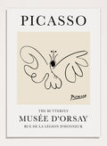 Featuring Pablo Picasso's Artwork The Butterfly (Esquisse D'un Papillon), this signed serigraph wall art print showcases outline of a butterfly sketch line drawing against colorful background. Featuring abstract one line lithograph art, this vintage exhibition poster from Musée d'Orsay is perfect for any boho, retro, minimalst space.