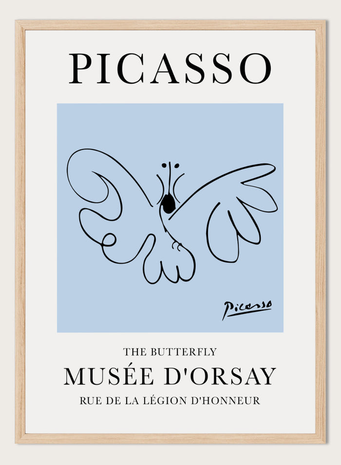 Featuring Pablo Picasso's Artwork The Butterfly (Esquisse D'un Papillon), this signed serigraph wall art print showcases outline of a butterfly sketch line drawing against colorful background. Featuring abstract one line lithograph art, this vintage exhibition poster from Musée d'Orsay is perfect for any boho, retro, minimalst space.