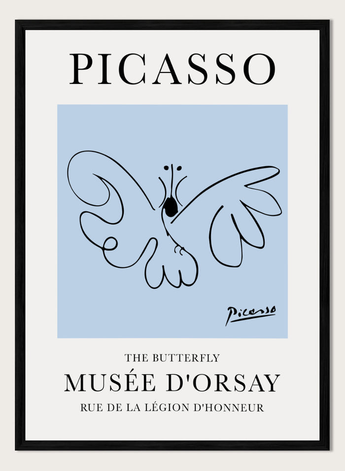 Featuring Pablo Picasso's Artwork The Butterfly (Esquisse D'un Papillon), this signed serigraph wall art print showcases outline of a butterfly sketch line drawing against colorful background. Featuring abstract one line lithograph art, this vintage exhibition poster from Musée d'Orsay is perfect for any boho, retro, minimalst space.
