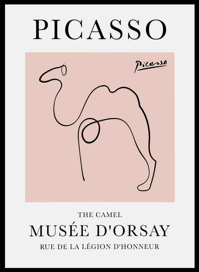 Featuring Pablo Picasso's Artwork The Camel (Esquisse D'un Chameau), this signed serigraph wall art print showcases outline of a camel sketch line drawing against colorful background. Featuring abstract one line art, this vintage exhibition poster from Musée d'Orsay is perfect for any boho, retro, minimalist space.