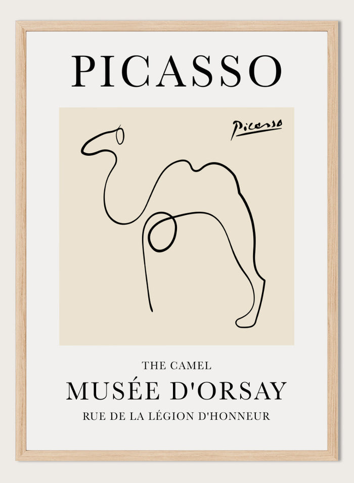 Featuring Pablo Picasso's Artwork The Camel (Esquisse D'un Chameau), this signed serigraph wall art print showcases outline of a camel sketch line drawing against colorful background. Featuring abstract one line art, this vintage exhibition poster from Musée d'Orsay is perfect for any boho, retro, minimalist space.