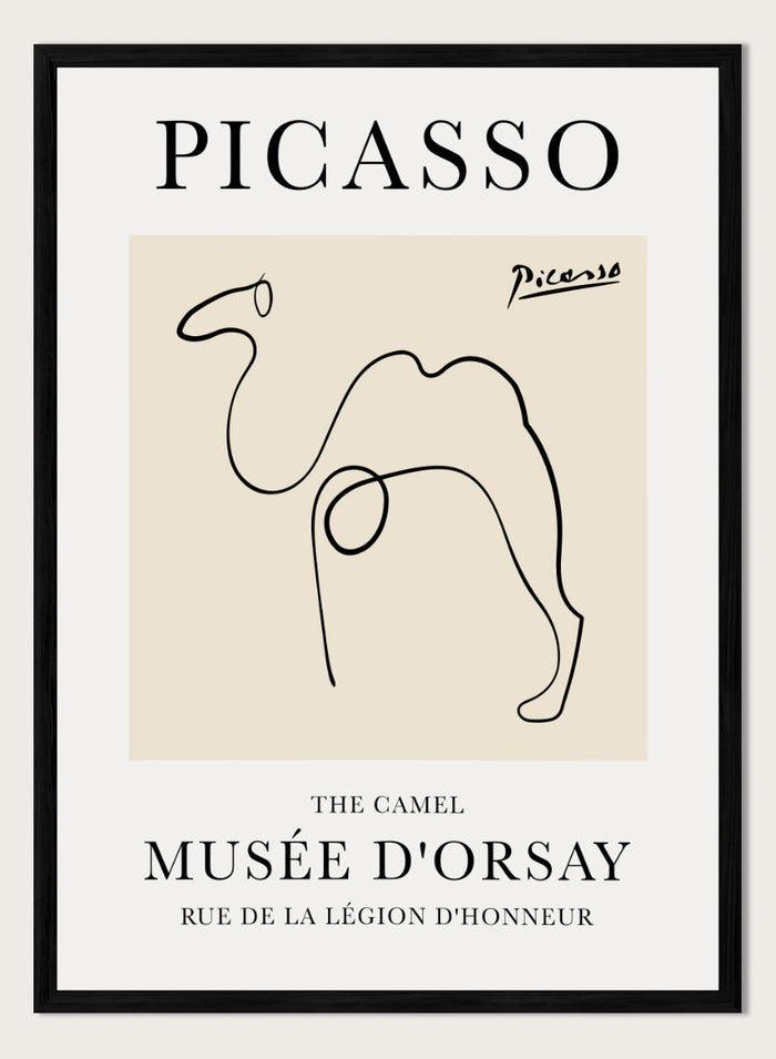 Featuring Pablo Picasso's Artwork The Camel (Esquisse D'un Chameau), this signed serigraph wall art print showcases outline of a camel sketch line drawing against colorful background. Featuring abstract one line art, this vintage exhibition poster from Musée d'Orsay is perfect for any boho, retro, minimalist space.