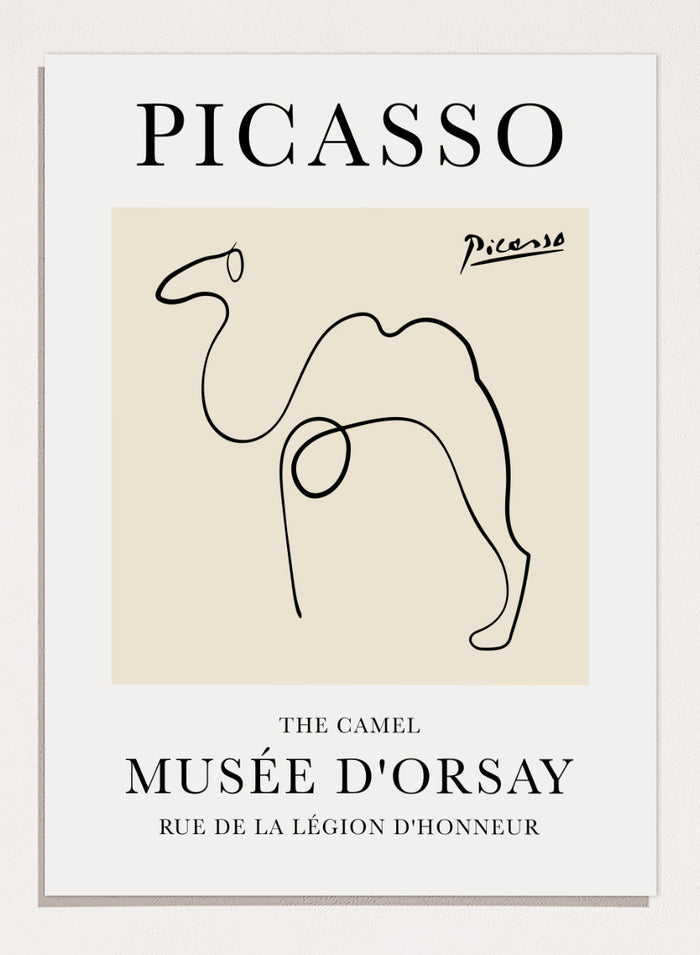 Featuring Pablo Picasso's Artwork The Camel (Esquisse D'un Chameau), this signed serigraph wall art print showcases outline of a camel sketch line drawing against colorful background. Featuring abstract one line art, this vintage exhibition poster from Musée d'Orsay is perfect for any boho, retro, minimalist space.
