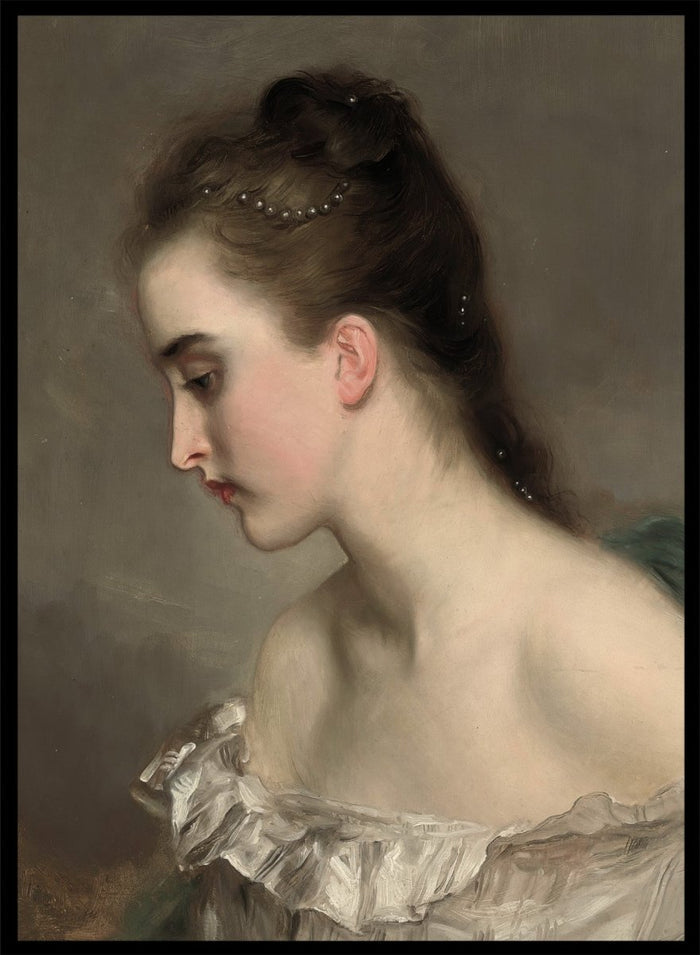 The Debutant by Gustave Jean Jacquet is a vintage portrait print of a young woman in profile with pearls in her hair and a white ruffled dress.