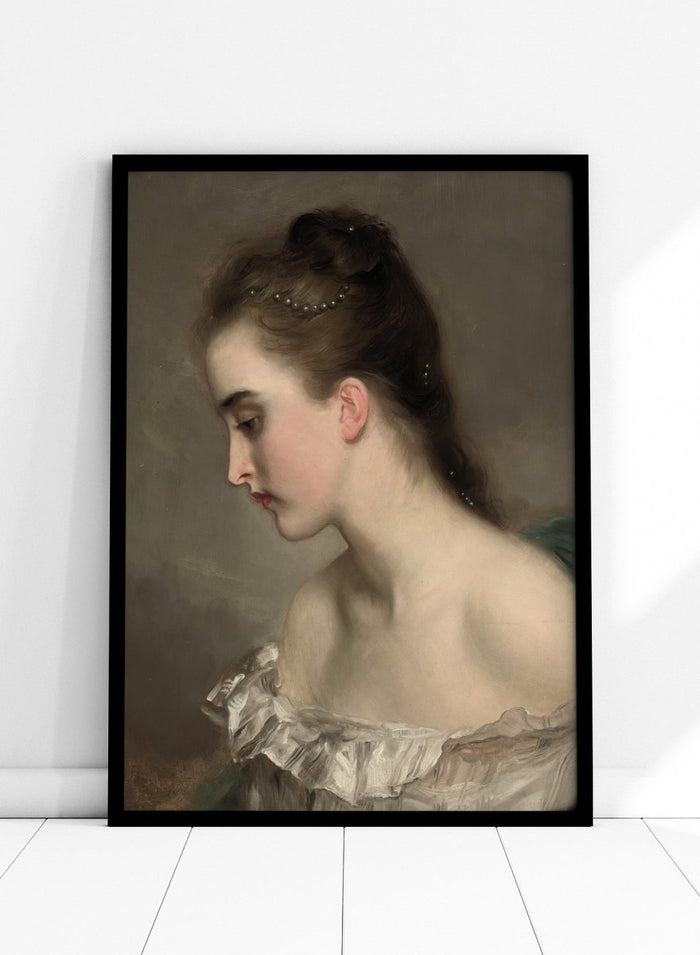 The Debutant by Gustave Jean Jacquet is a vintage portrait print of a young woman in profile with pearls in her hair and a white ruffled dress.
