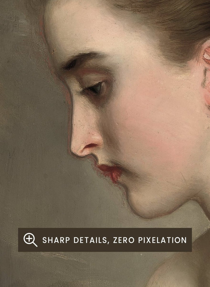 The Debutant by Gustave Jean Jacquet is a vintage portrait print of a young woman in profile with pearls in her hair and a white ruffled dress.