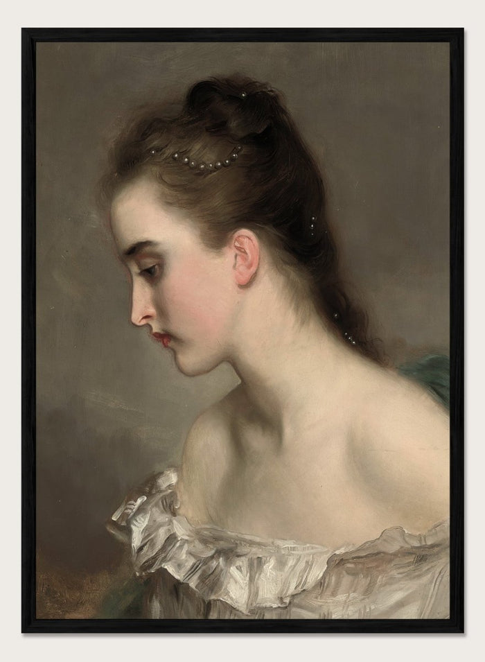 The Debutant by Gustave Jean Jacquet is a vintage portrait print of a young woman in profile with pearls in her hair and a white ruffled dress.