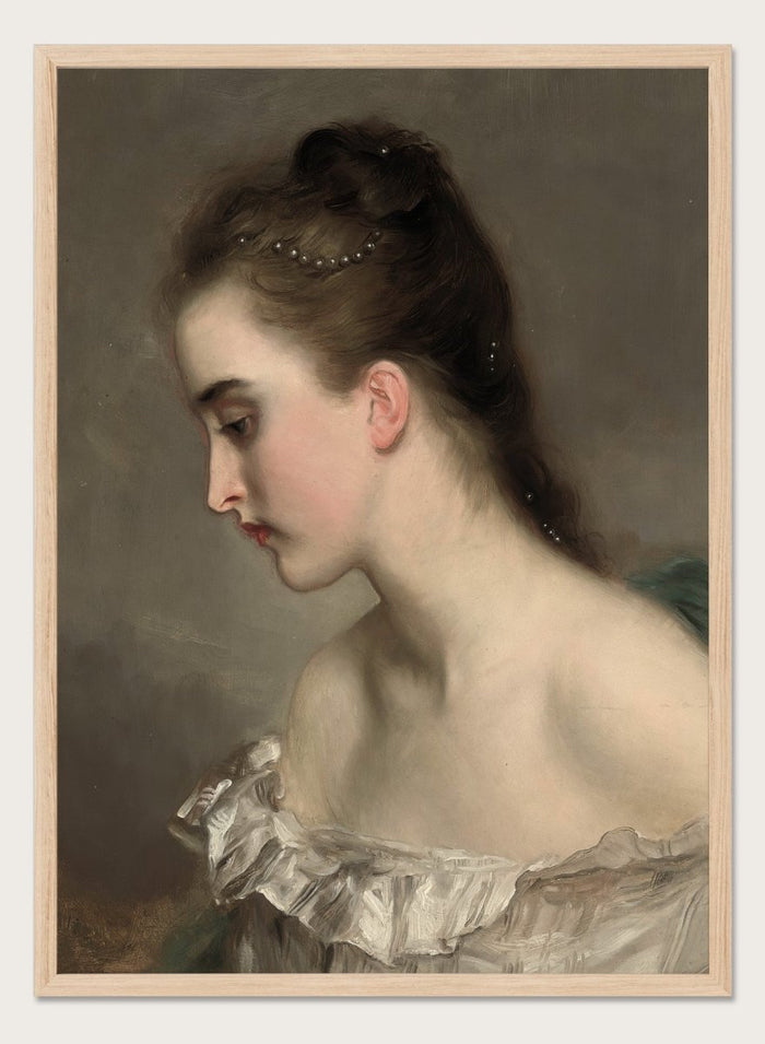 The Debutant by Gustave Jean Jacquet is a vintage portrait print of a young woman in profile with pearls in her hair and a white ruffled dress.