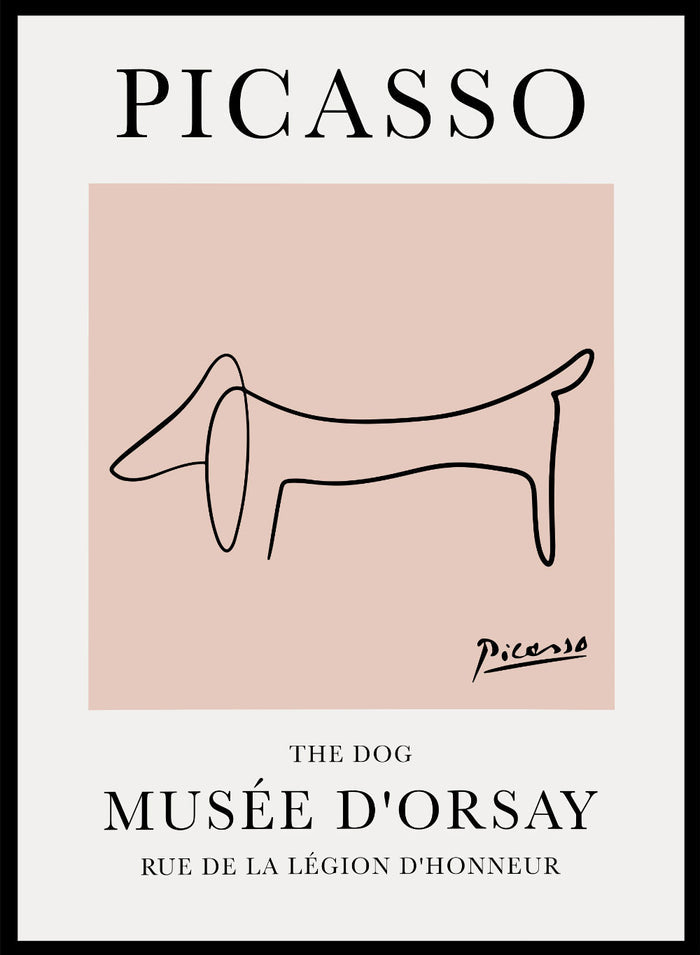Featuring Pablo Picasso's Artwork The Dog (Esquisse D'un Chien), this signed serigraph wall art print showcases outline of a dog sketch line drawing against colorful background. Featuring abstract one line lithograph art, this vintage exhibition poster from Musée d'Orsay is perfect for any boho, retro, minimalst space.