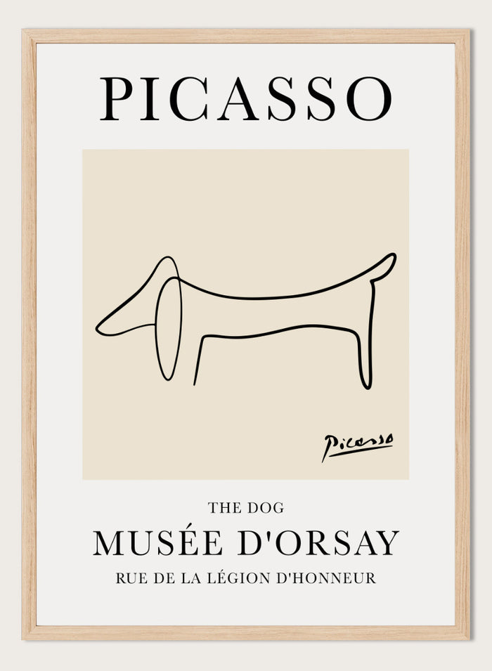Featuring Pablo Picasso's Artwork The Dog (Esquisse D'un Chien), this signed serigraph wall art print showcases outline of a dog sketch line drawing against colorful background. Featuring abstract one line lithograph art, this vintage exhibition poster from Musée d'Orsay is perfect for any boho, retro, minimalst space.