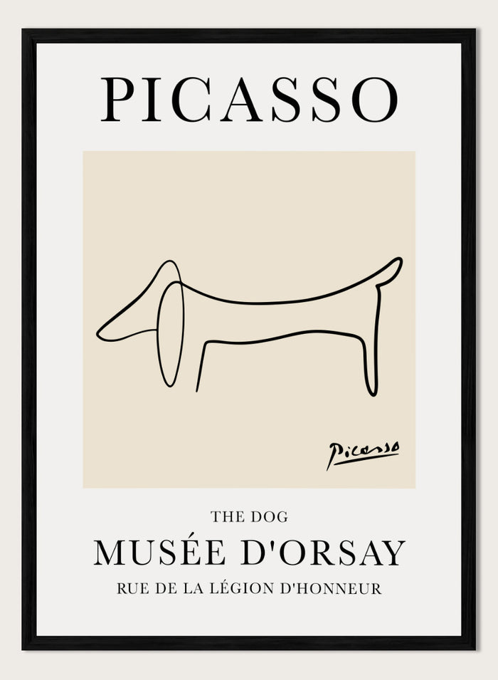 Featuring Pablo Picasso's Artwork The Dog (Esquisse D'un Chien), this signed serigraph wall art print showcases outline of a dog sketch line drawing against colorful background. Featuring abstract one line lithograph art, this vintage exhibition poster from Musée d'Orsay is perfect for any boho, retro, minimalst space.