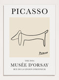 Featuring Pablo Picasso's Artwork The Dog (Esquisse D'un Chien), this signed serigraph wall art print showcases outline of a dog sketch line drawing against colorful background. Featuring abstract one line lithograph art, this vintage exhibition poster from Musée d'Orsay is perfect for any boho, retro, minimalst space.
