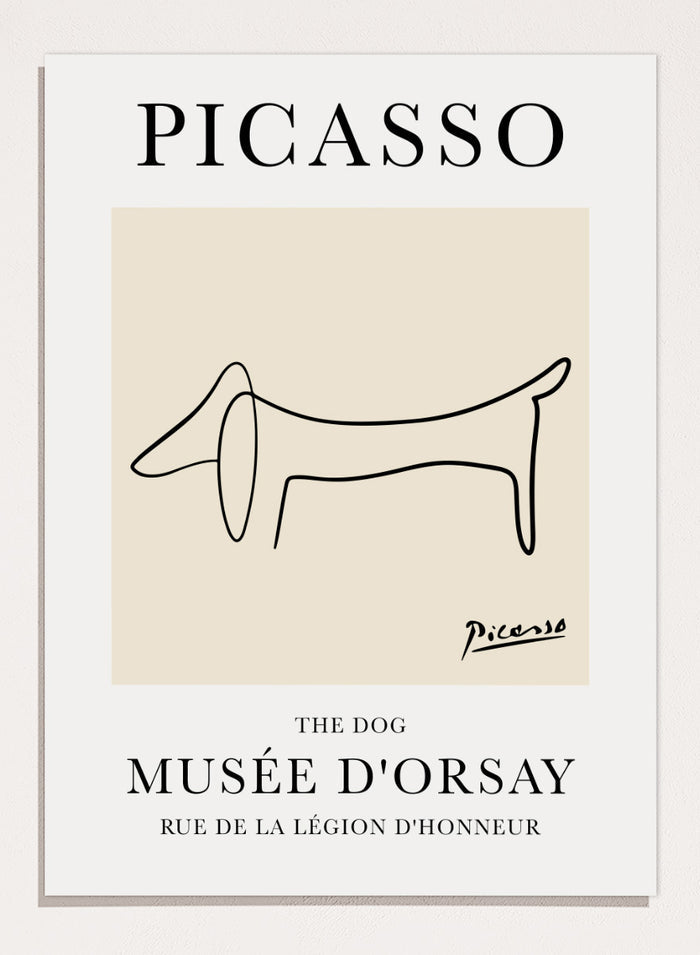 Featuring Pablo Picasso's Artwork The Dog (Esquisse D'un Chien), this signed serigraph wall art print showcases outline of a dog sketch line drawing against colorful background. Featuring abstract one line lithograph art, this vintage exhibition poster from Musée d'Orsay is perfect for any boho, retro, minimalst space.