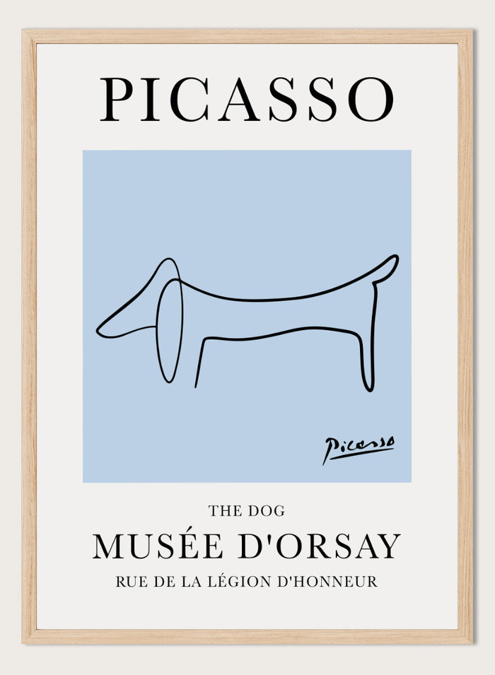Featuring Pablo Picasso's Artwork The Dog (Esquisse D'un Chien), this signed serigraph wall art print showcases outline of a dog sketch line drawing against colorful background. Featuring abstract one line lithograph art, this vintage exhibition poster from Musée d'Orsay is perfect for any boho, retro, minimalst space.
