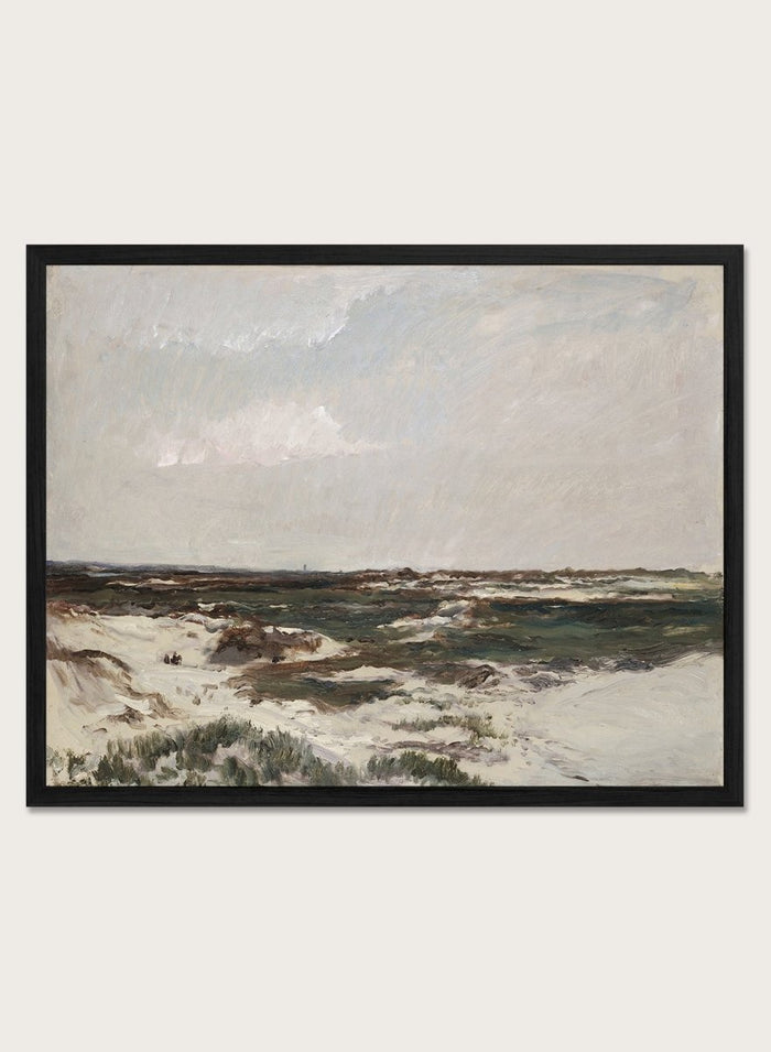 A framed landscape painting depicting a moody, overcast coastal scene with sandy dunes, dark water, and a cloudy sky. The Dunes at Camiers by Charles-François Daubigny is a vintage French coastal landscape print with sand dunes, grey skies, distant figures, and muted earth tones.