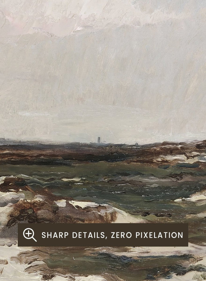 A framed landscape painting depicting a moody, overcast coastal scene with sandy dunes, dark water, and a cloudy sky. The Dunes at Camiers by Charles-François Daubigny is a vintage French coastal landscape print with sand dunes, grey skies, distant figures, and muted earth tones.