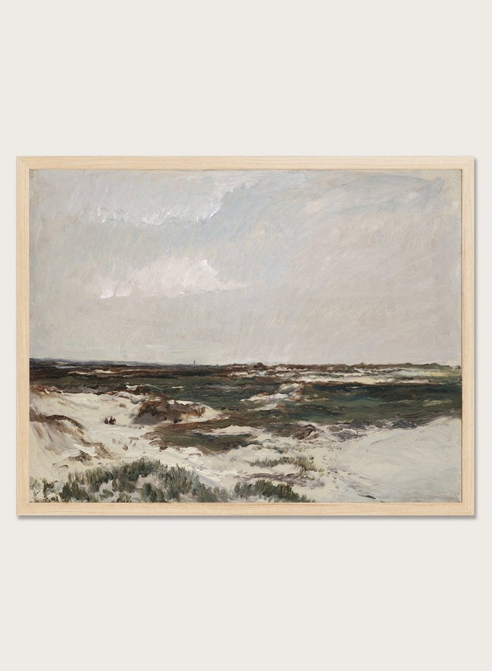A framed landscape painting depicting a moody, overcast coastal scene with sandy dunes, dark water, and a cloudy sky. The Dunes at Camiers by Charles-François Daubigny is a vintage French coastal landscape print with sand dunes, grey skies, distant figures, and muted earth tones.