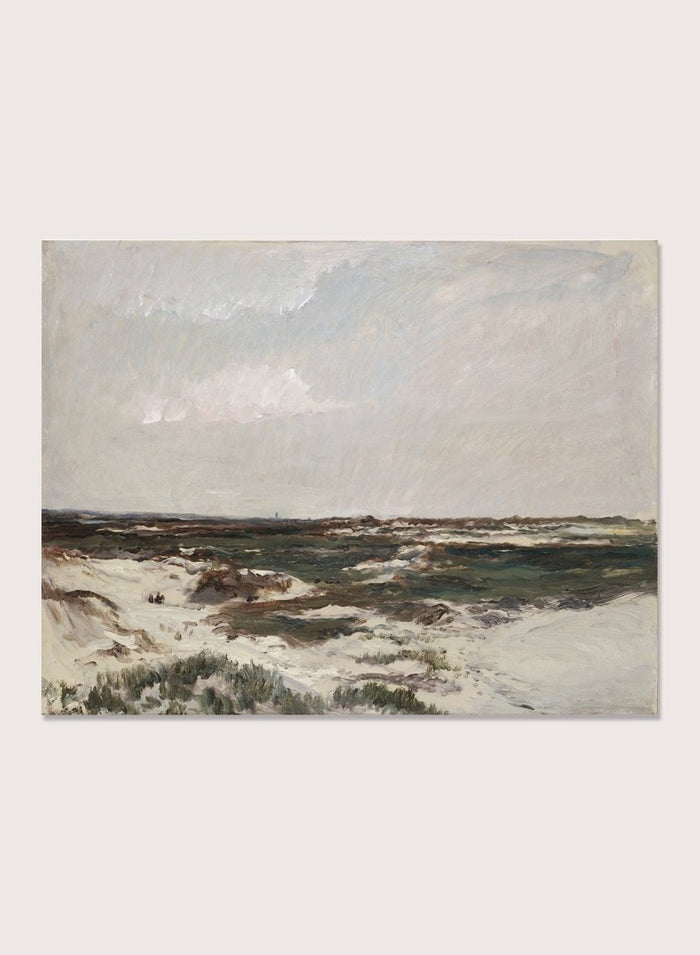 A framed landscape painting depicting a moody, overcast coastal scene with sandy dunes, dark water, and a cloudy sky. The Dunes at Camiers by Charles-François Daubigny is a vintage French coastal landscape print with sand dunes, grey skies, distant figures, and muted earth tones.