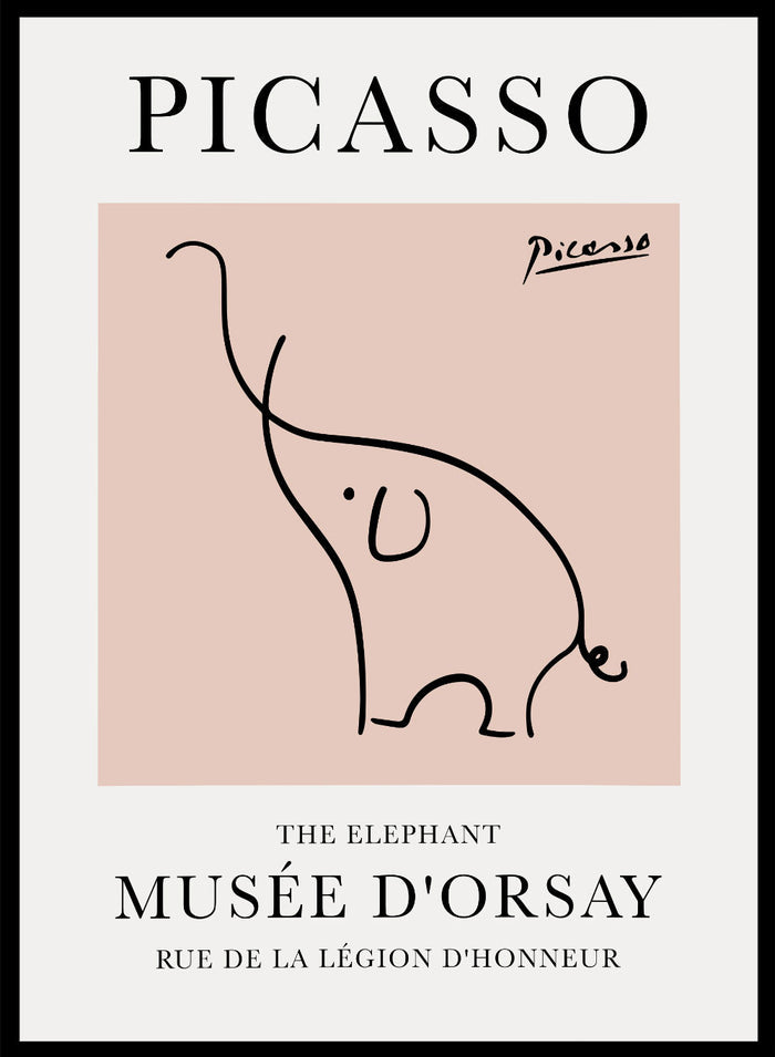 Featuring Pablo Picasso's Artwork The Elephant (Esquisse D'éléphant), this signed serigraph wall art print showcases outline of an elephant sketch line drawing against colorful background. Featuring abstract one line art, this vintage exhibition poster from Musée d'Orsay is perfect for any boho, retro, minimalst space.
