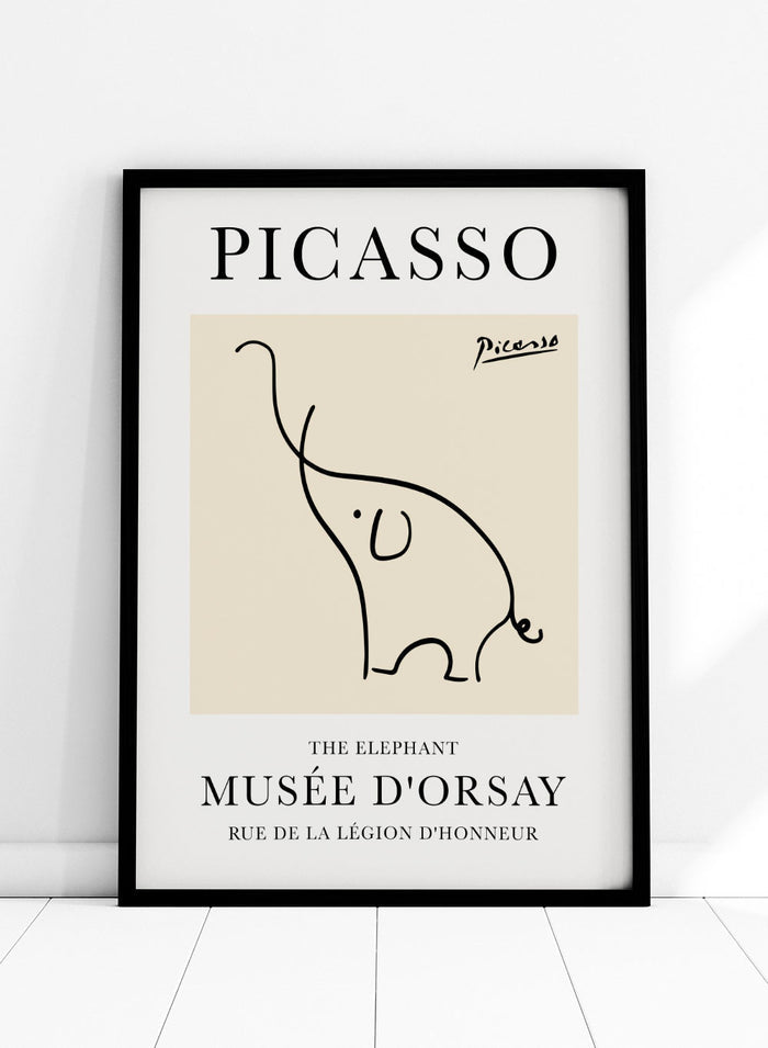 Featuring Pablo Picasso's Artwork The Elephant (Esquisse D'éléphant), this signed serigraph wall art print showcases outline of an elephant sketch line drawing against colorful background. Featuring abstract one line art, this vintage exhibition poster from Musée d'Orsay is perfect for any boho, retro, minimalst space.