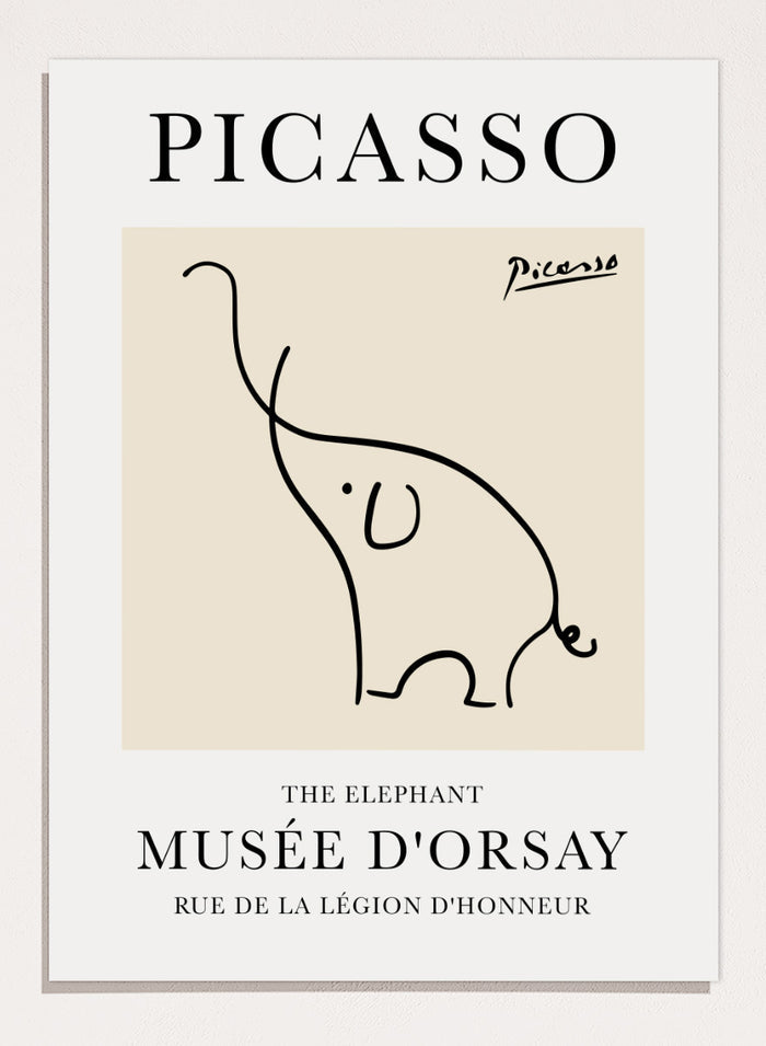 Featuring Pablo Picasso's Artwork The Elephant (Esquisse D'éléphant), this signed serigraph wall art print showcases outline of an elephant sketch line drawing against colorful background. Featuring abstract one line art, this vintage exhibition poster from Musée d'Orsay is perfect for any boho, retro, minimalst space.