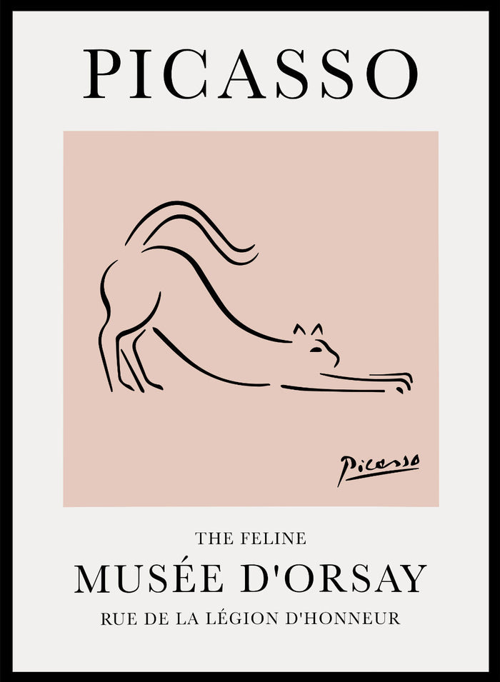 Featuring Pablo Picasso's Artwork The Feline (Esquisse D'un Félin), this signed serigraph wall art print showcases a feline (cat) sketch outline line drawing against colorful background. Featuring abstract one line art, this vintage exhibition poster from Musée d'Orsay is perfect for any boho, retro, minimalist space.