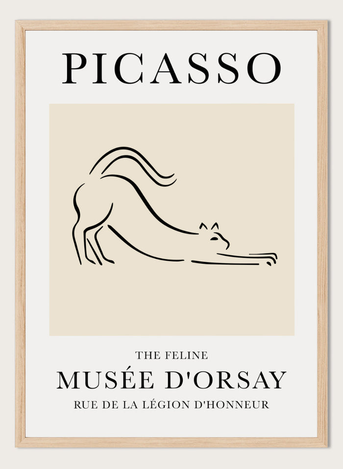 Featuring Pablo Picasso's Artwork The Feline (Esquisse D'un Félin), this signed serigraph wall art print showcases a feline (cat) sketch outline line drawing against colorful background. Featuring abstract one line art, this vintage exhibition poster from Musée d'Orsay is perfect for any boho, retro, minimalist space.